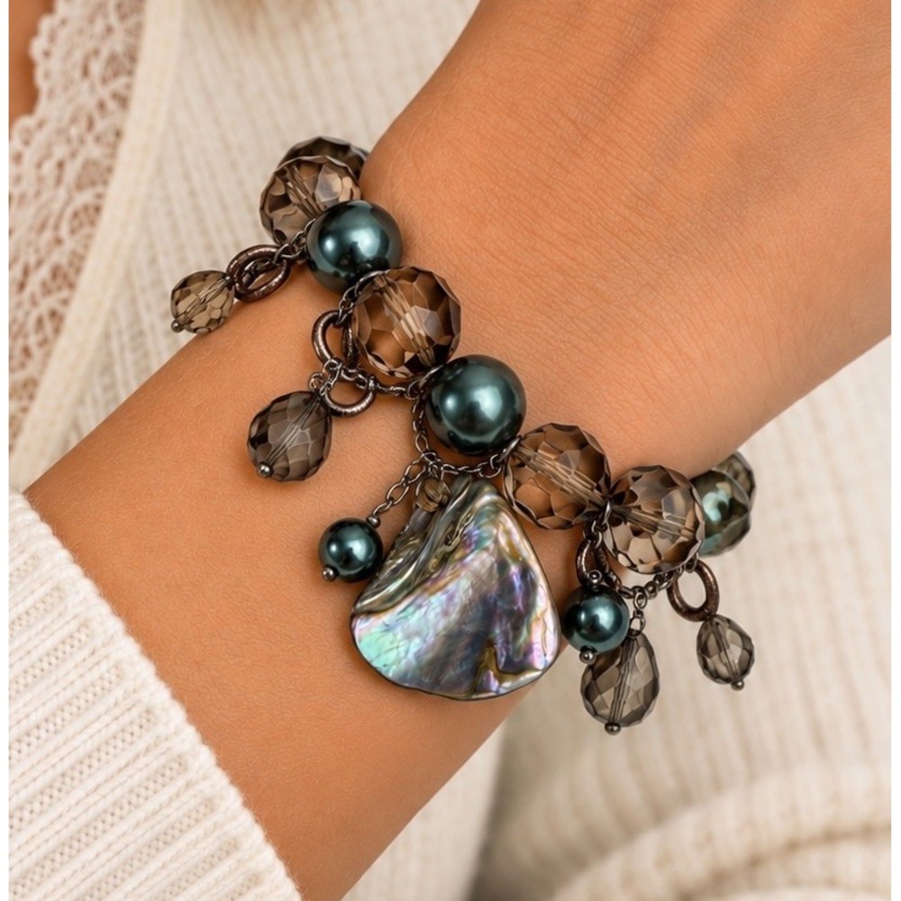 Womens Mother Of Pearl Brown Faceted Bead Teal Faux Pearl Charm Stretch Bracelet